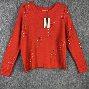 Breakout Knitwear Sweater NWT Women M Red Factory Destroyed Pearl Embellished